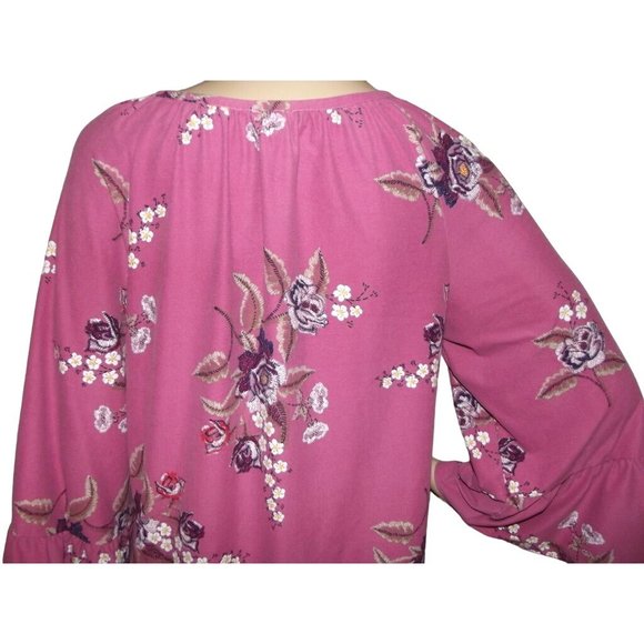 Lee Blouse Size Medium Pink Floral Print V-Neck top shirt boho peasant lace-up - Picture 4 of 11